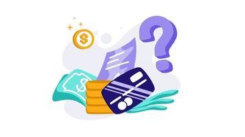 animación de opciones de pago para transacción, signo de interrogación, tarjeta de crédito, dinero, moneda, concepto de finanzas financieras, mercado, perfecto para ui ux, aplicación móvil, web, folleto, publicidad video