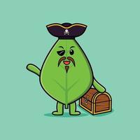 Pirata de hoja verde de dibujos animados lindo con cofre del tesoro vector