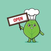 Cute cartoon green leaf holding open sign vector