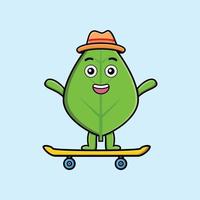 cute cartoon green leaf standing on skateboard vector