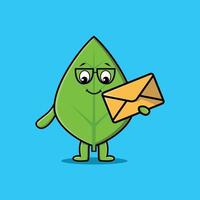 Cute cartoon green leaf holding envelope vector