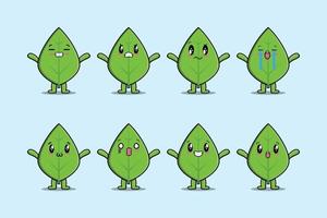 Set kawaii green leaf cartoon different expression vector