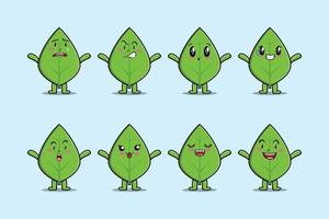 Set kawaii green leaf cartoon different expression vector