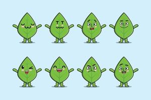 Set kawaii green leaf cartoon different expression vector