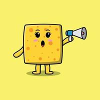 lindo personaje de queso de dibujos animados habla con megáfono vector
