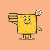 Cute cartoon cheese character holding in stacked gold coin vector illustration