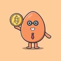 Brown cute egg businessman holding gold coin vector