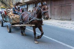 hombre con caballo y carro en el desfiladero de bicaz en moldavia rumania el 19 de septiembre de 2018 foto