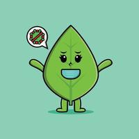 hoja verde de dibujos animados lindo con máscara prevenir virus vector