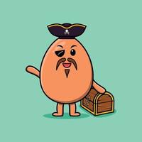 cartoon Brown cute egg pirate with treasure box vector