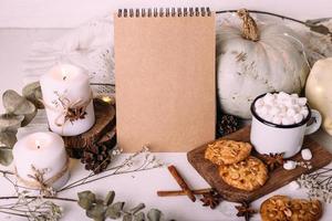 Autumn composition mockup, cocoa, marshmallows, cookies, pumpkin and candles