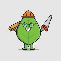 cartoon green leaf as carpenter with saw and wood vector