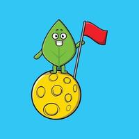 cartoon Green leaf standing on moon with flag vector