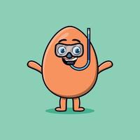 cartoon brown cute egg diver with swimming glass vector