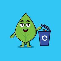 Cute cartoon green leaf throwing trash in trash vector