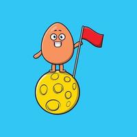 cartoon Brown cute egg standing on moon with flag vector