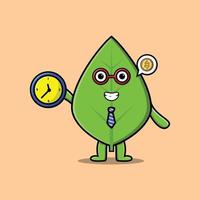 lindo personaje de hoja verde de dibujos animados con reloj vector