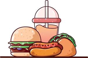 Fast food meal set with classic American cheese burger with hotdog, soft drink cup. Flat style vector illustration isolated on white background