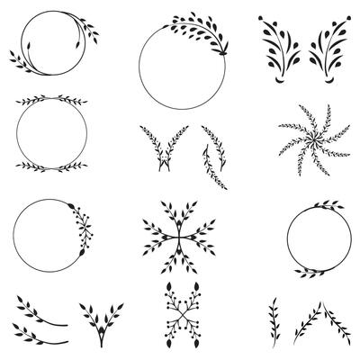 Set of floral hand-drawn brushes, borders, round frames in doodle style on white background. Vector illustration