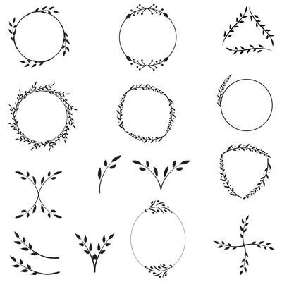 Set of floral hand-drawn brushes, borders, round frames in doodle style on white background. Vector illustration