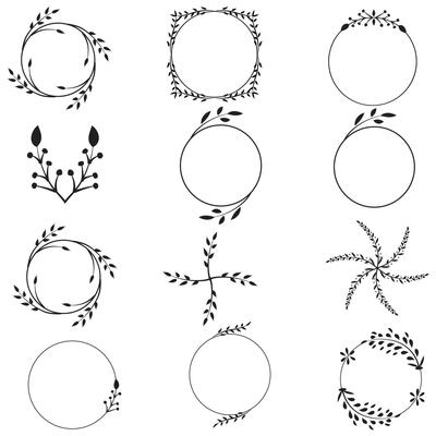 Set of floral hand-drawn brushes, borders, round frames in doodle style on white background. Vector illustration