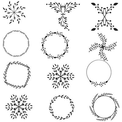 Set of floral hand-drawn brushes, borders, round frames in doodle style on white background. Vector illustration