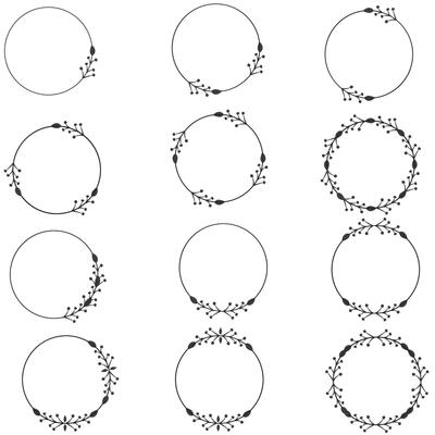 Set of circle floral frame with black silhouettes of meadow herbs. Floral wreaths. Element design. Vector illustration.