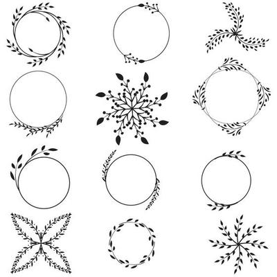 Set of floral hand-drawn brushes, borders, round frames in doodle style on white background. Vector illustration
