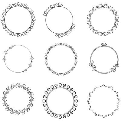 Hand drawn floral frames. Vector wedding design. Ornate wreaths with leaves and flowers.