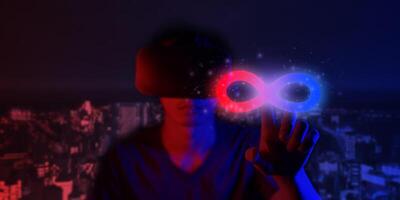 conexión de comunidad de símbolo de infinito de realidad virtual del sistema de tecnología de red global del mundo de metaverso y elemento de signo de bucle abstracto en comunicación digital de innovación foto