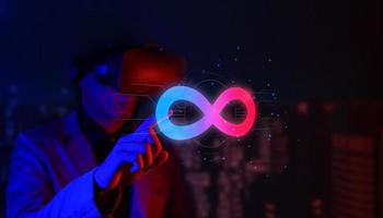 virtual reality infinity symbol community connection of metaverse world global network technology system and abstract loop sign element on innovation digital communication