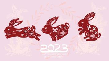 año del conejo 2023, año nuevo chino concepto del zodiaco chino, conejo rojo corriendo patrón de corte de papel vector