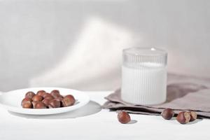 Vegan plant based milk in glass. Alternative hazelnut milk and nuts. Healthy vegetarian and vegan drink concept photo