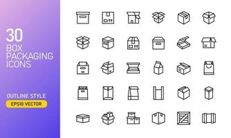 Box and packaging icon set in outlined style. Suitable for design element of cargo box, delivery services, and shipping business.