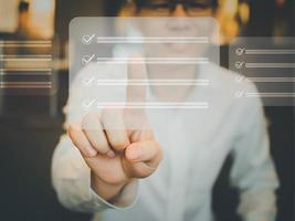Businessman hand pointing finger touchscreen cheerful research browser website device data analysis technology innovation technology digital online schedule plan strategy project information document photo