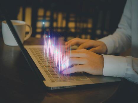 Hand finger keyboard notebook computer technology digital online stock exchange trader investment forex program financial statistic analysis business economy buy sell fund wealth report information photo