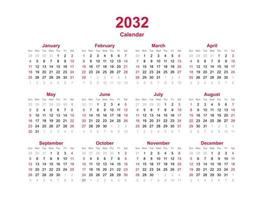 año calendario 2032 vector