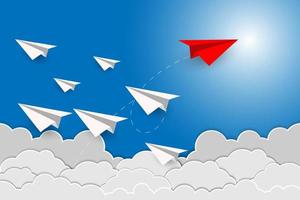 piensa diferente, un avión de papel rojo que vuela de manera diferente a los aviones de papel blanco. concepto de negocio estilo minimalista. vector