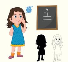 Pretty Girl Thinking for math Calculation with Live Outline and Silhouette vector