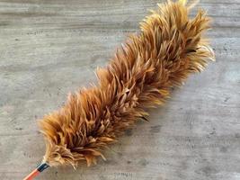 feather duster on brown wooden background