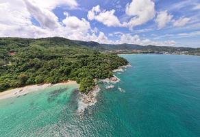 Panorama landscape nature view from Drone camera. Aerial view of seashore in phuket thailand. Beautiful sea in summer sunny day time