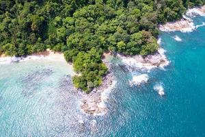 Seascape landscape nature view from Drone camera. Aerial view of seashore in phuket thailand. Beautiful sea in summer sunny day time photo