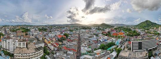 Phuket Thailand on May 22-2022 Aerial view drone photography High angle view of Phuket city, Phuket province Thailand. Panorama of phuket city thailand in sunset or sunrise sky background photo