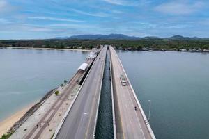 Aerial view of Sarasin bridge road transportation background concept The bridge is a between Phang Nga and Phuket island Thailand The bridge is the most important in making business and transportation photo