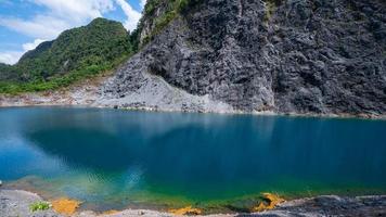 Beautiful reflection of clouds in water surface over lake or pond with Mountain tropical forest landscape nature background photo