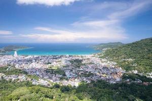 Phuket Thailand patong bay. Panorama landscape nature view from Drone camera. Aerial view of patong city in phuket thailand. Beautiful sea in summer sunny day time photo