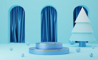Empty blue cylinder podium with gold border, balls and pine trees on arch blue curtain background. Abstract minimal studio 3d geometric shape object. Mockup space for display product design. 3d render photo