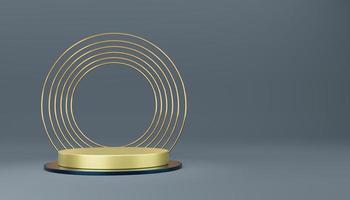 Empty yellow cylinder podium with blue border and gold circle on gray background. Abstract minimal studio 3d geometric shape object. Mockup space for display of product design. 3d rendering. photo