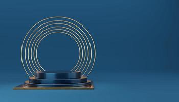 Empty 3 blue cylinder podium with gold border and gold cube on blue background. Abstract minimal studio 3d geometric shape object. Mockup space for display of product design. 3d rendering. photo
