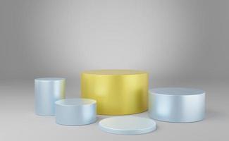 5 empty yellow and blue cylinder podium on gray background. Abstract minimal studio 3d geometric shape object. Mockup space for display of product design. 3d rendering. photo
